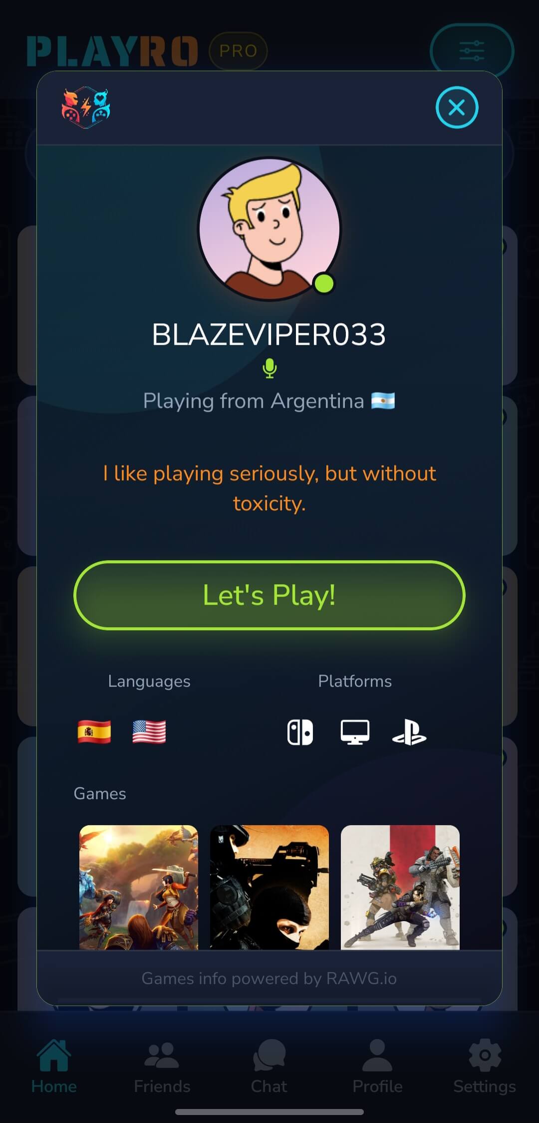 Matchmaking filters screen